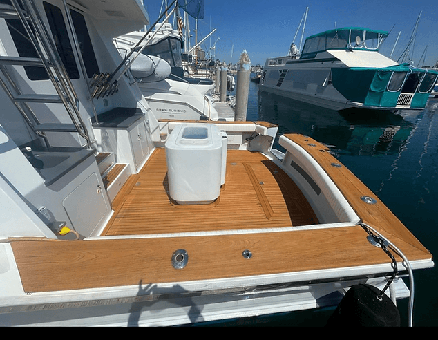 Bluebill cockpit and teak deck docked in the marina