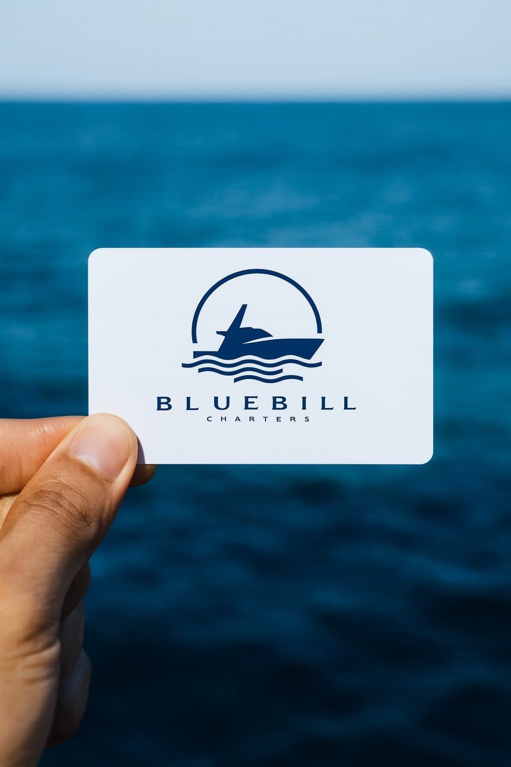 Hand holding a white Bluebill gift card over blue water