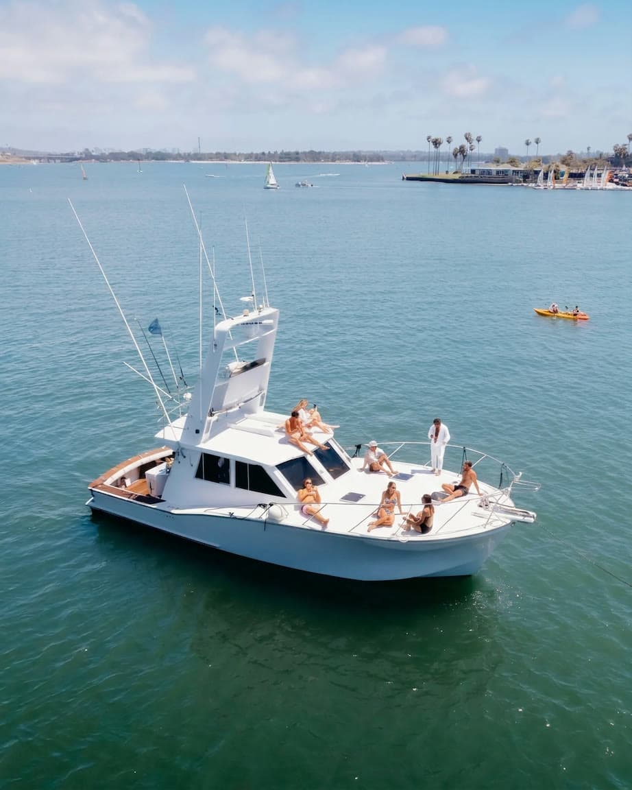 Aerial view of Bluebill at anchor with guests on deck off a beach