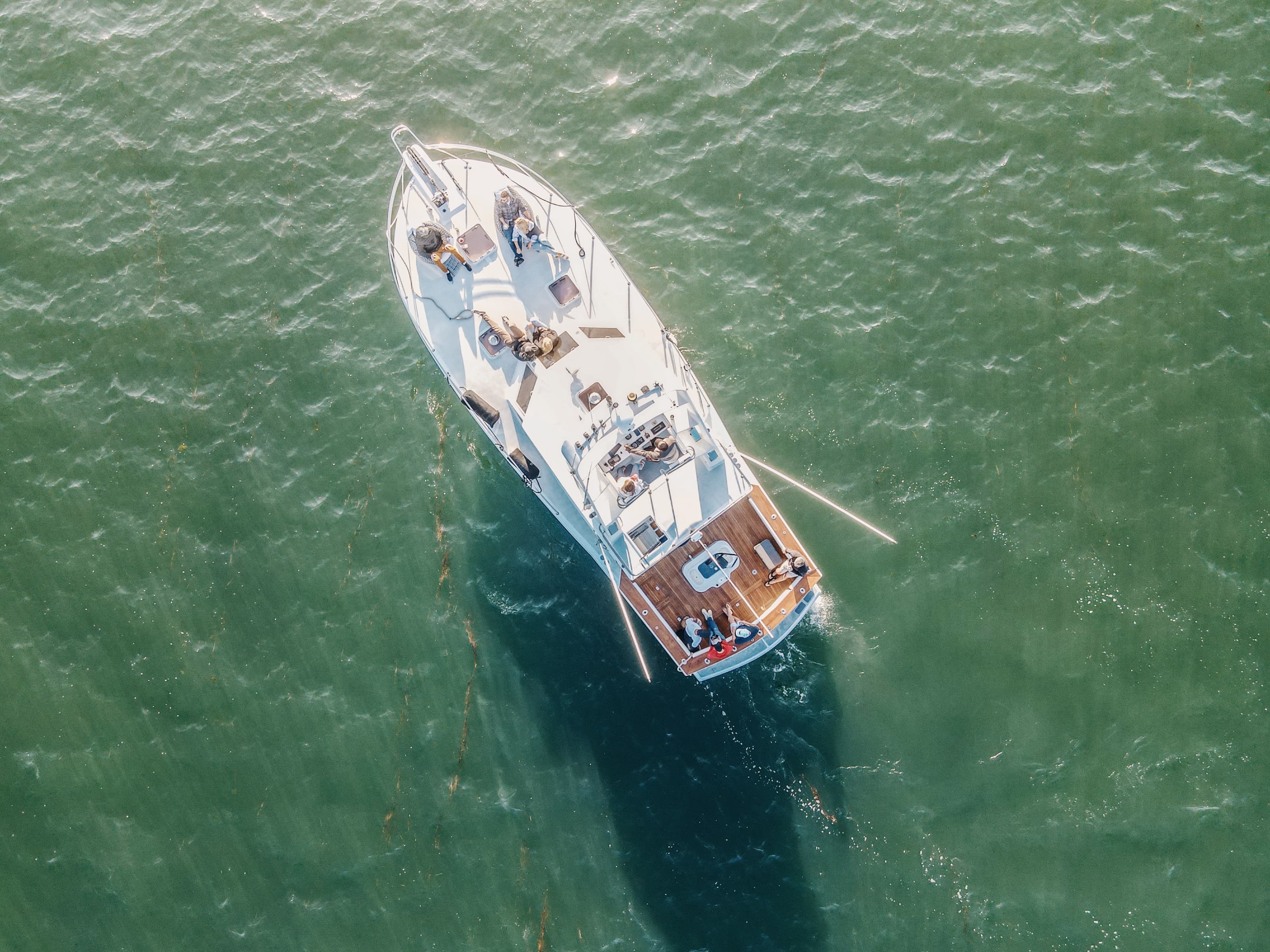 Top-down aerial of Bluebill on green Mission Bay water, guests lounging on the bow and stern decks