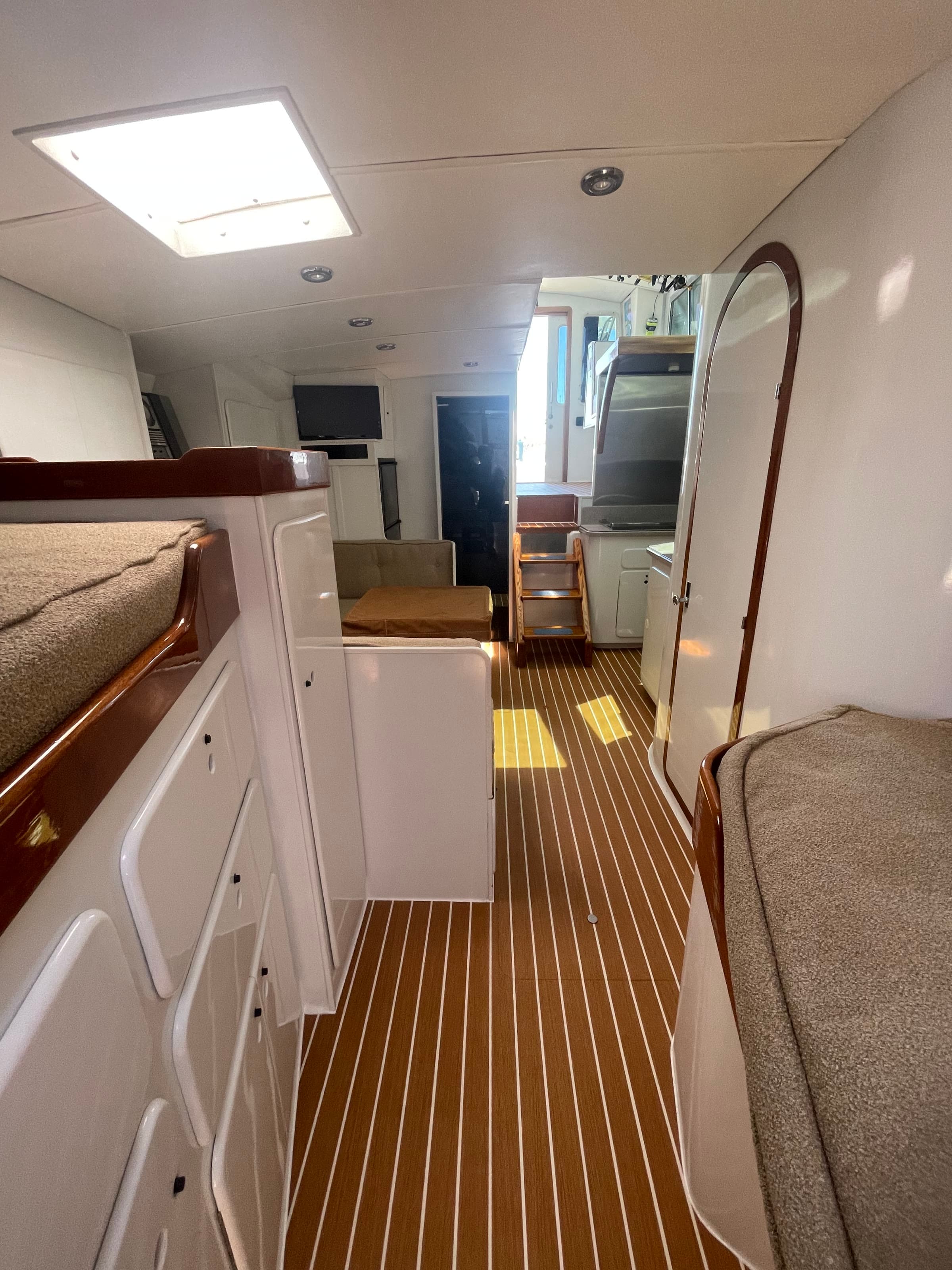 Looking aft through Bluebill's cabin past the berths toward the galley