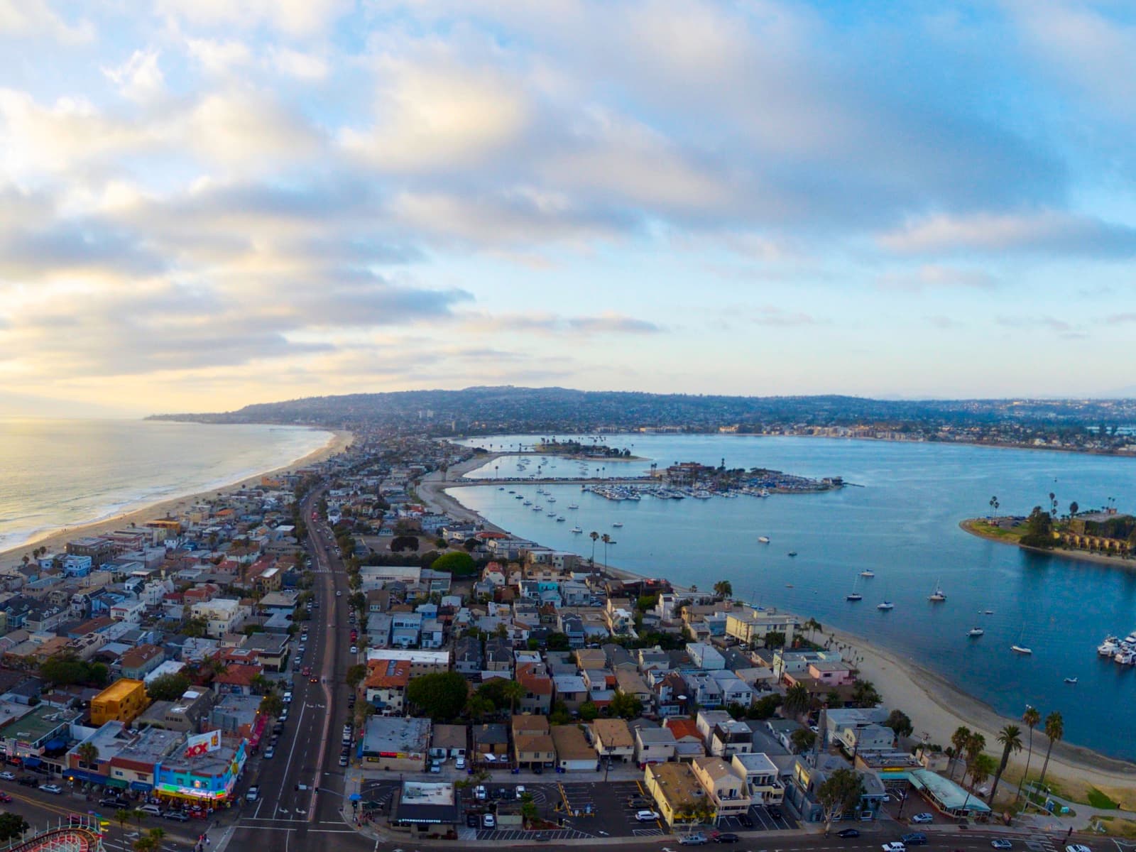 Aerial panorama of Mission Bay and Mission Beach at golden hour